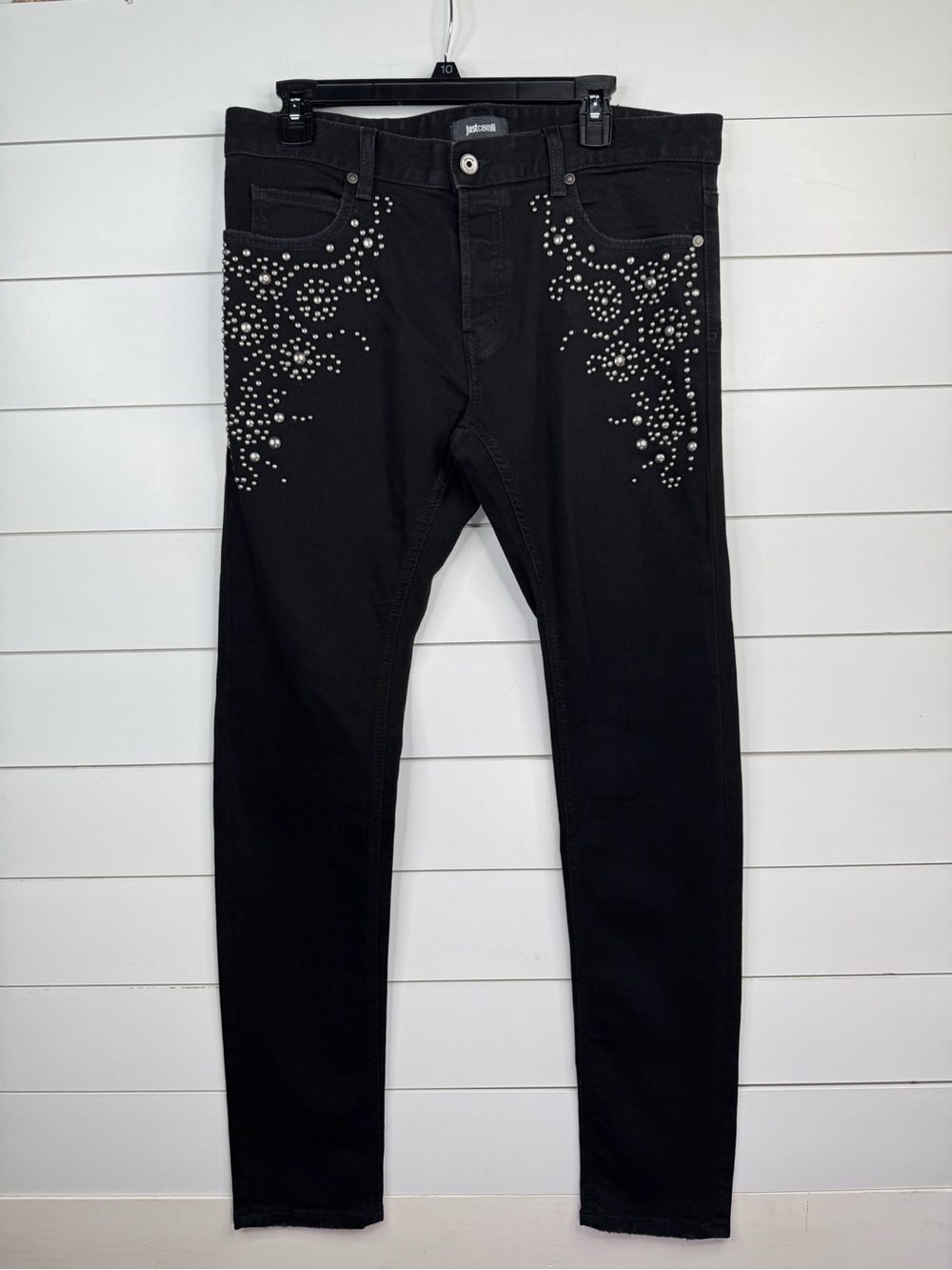 Just Cavalli Jeans Mens 33 Black Silver Studded Slim Skinny Button Fly